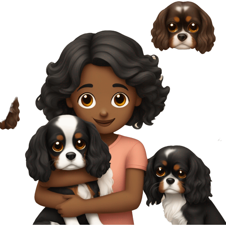 cute girl hugging two black and brown cavalier king charles spaniel  emoji