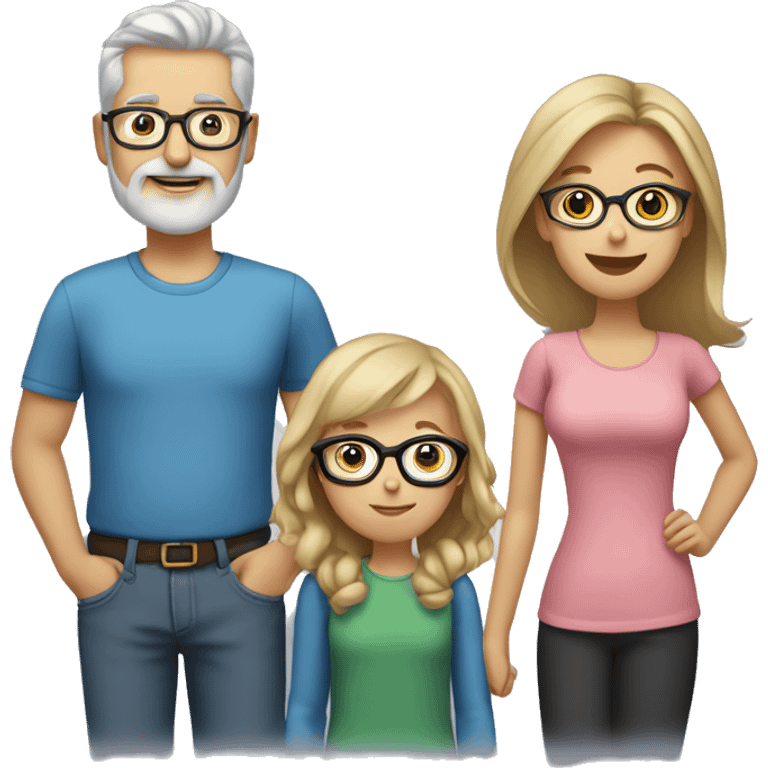 family photo of mom with gray hair and glasses, dad with blonde hair, blonde beard and glasses, daughter with brown hair, daughter with brown hair emoji