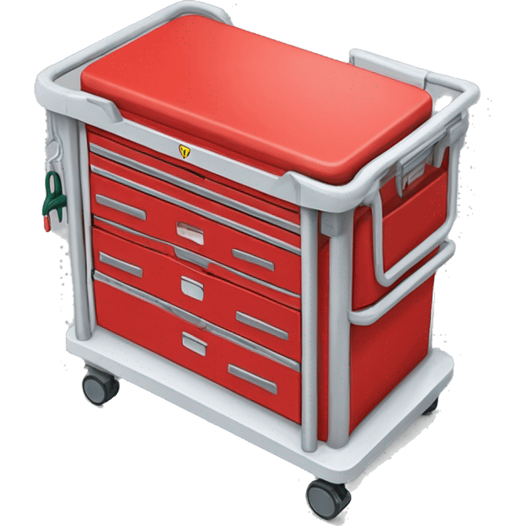 Singular Red medical crash cart is a mobile, multi-drawer unit designed to store and organize emergency medical supplies and equipment and a cardiac defibrillator on top emoji