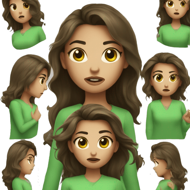 angry face with brunette hair and make it a girl and with green clothes on and holding skincare products emoji