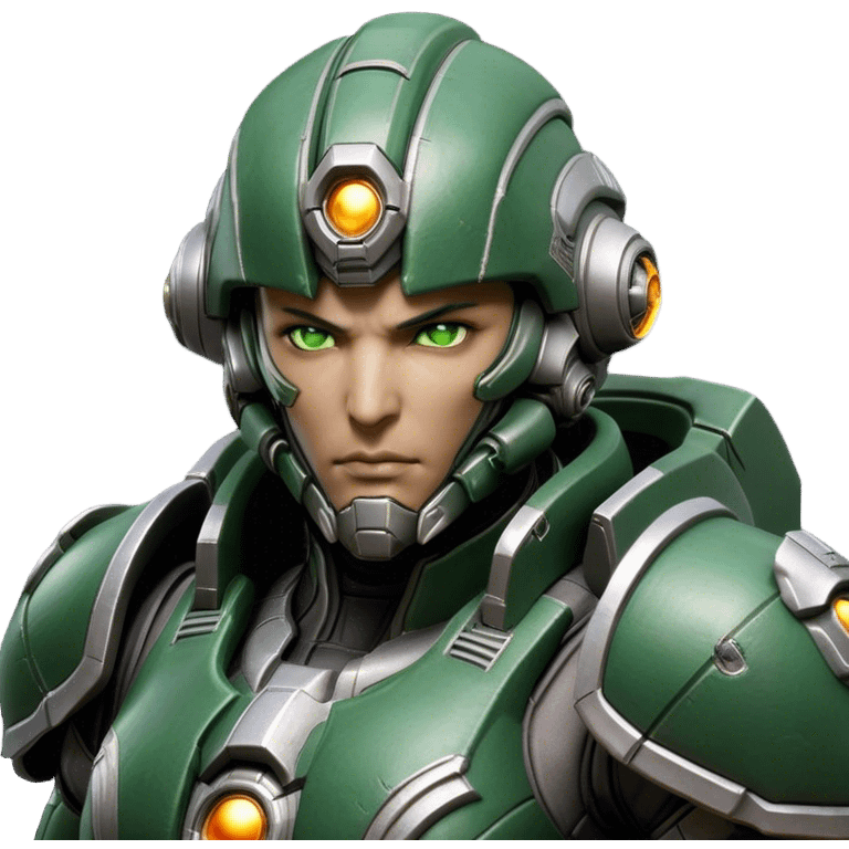 Cinematic Realistic StarCraft Terran Marine Portrait, head tilted epicly and inquisitively, showcasing a commanding presence and battle-hardened spirit. His steely gaze, set against intricately engineered tactical armor in dark green and grey, is rendered with lifelike clarity and dramatic lighting, high shine, epic and awe-inspiring, embodying the futuristic valor of a Terran warrior. emoji