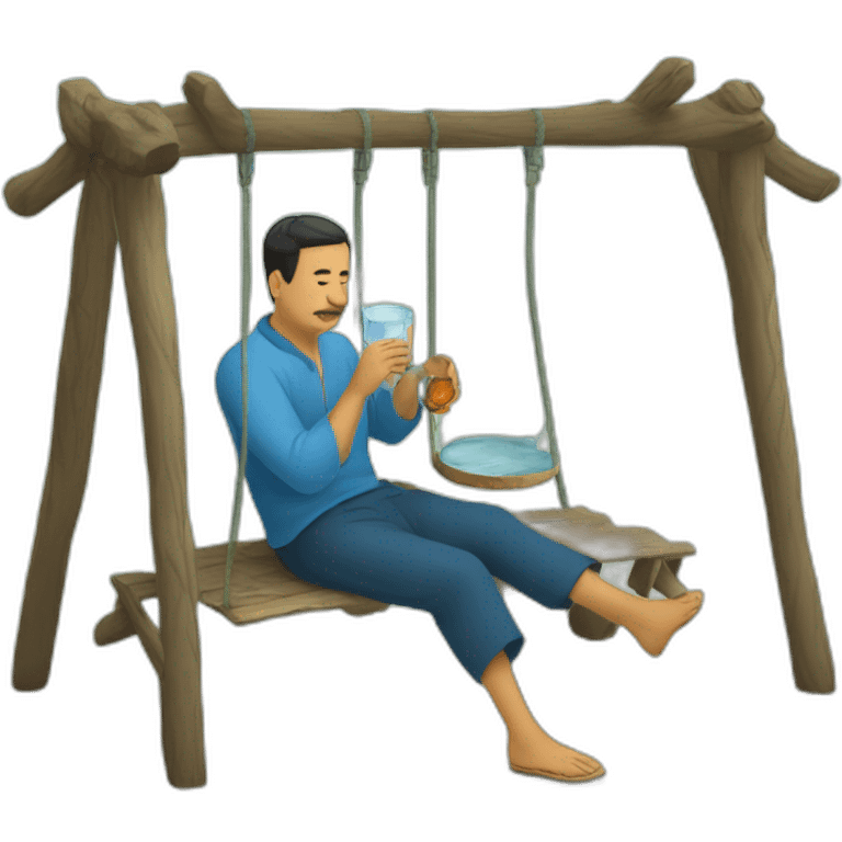 An Uzbek man sitting on a doppi, a traditional Uzbek swing, drinking water from a piyola. emoji