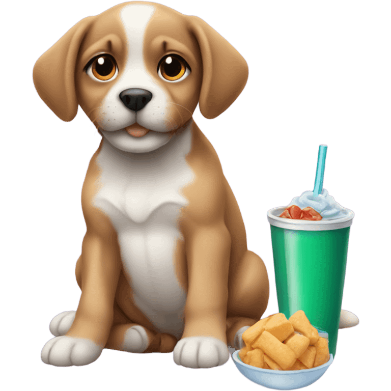 Puppy with drink and snacks  emoji