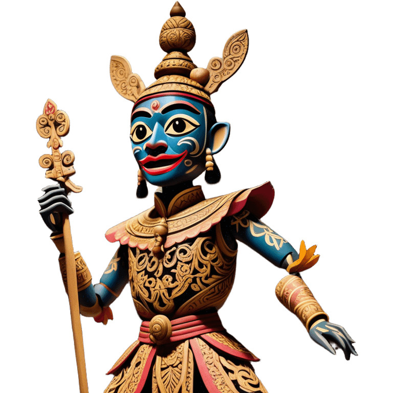 Golek Ayun-ayun – Cinematic Realistic Wayang Golek Ayun-ayun, depicted as an intricately carved traditional wooden puppet with vibrant painted details and expressive features, set on a dimly lit stage with dramatic shadows that evoke centuries of Indonesian theatrical heritage, rendered with lifelike textures and subtle ambient glow. emoji