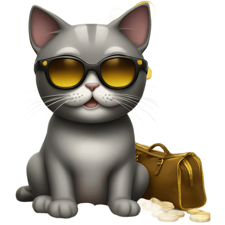 cat in brutal dark glasses with a bag of gold coins emoji