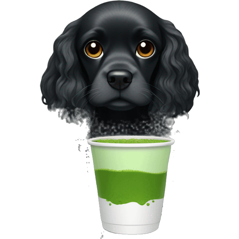 black cocker spaniel drinking a cup of matcha emoji