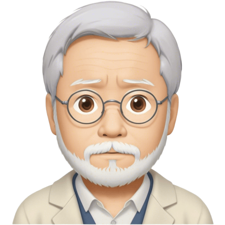 Cinematic Realistic Hayao Miyazaki Portrait Emoji, depicted as a visionary filmmaker with a gentle imaginative expression and artistic flair, rendered with delicate textures and soft enchanting lighting that captures his legendary storytelling. emoji