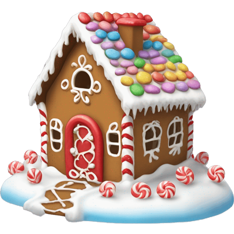 Mini gingerbread house with colorful candy decorations, a snowy white roof, and a little red heart on the door emoji