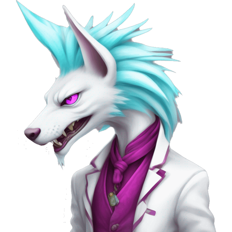 White badass elegant wild beautiful natural cute badass epic anthro modern albino sergal-vernid-creature with cyan mane and magenta eyes with cyan edgy stripes, full body emoji