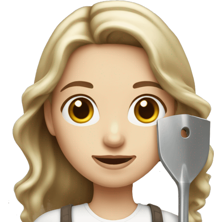 Woman holding one metal shovel with pale skin and hair brown highlights long wavy emoji