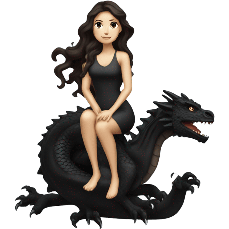 Beautiful white woman with long wavy dark brown hair riding a black dragon emoji