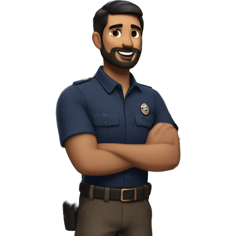 man with short black hair, brown eyes, wearing a navy blue dress shirt, with a short beard, who works as a security chief, wearing brown pants and black boots, happy in many ways, 8k realistic pixar style emoji