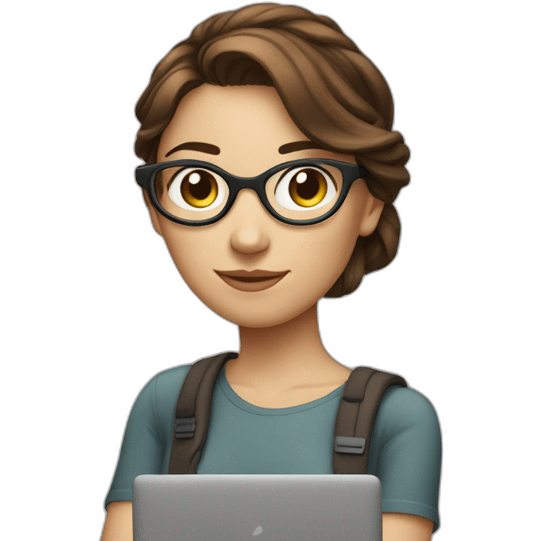 Girl with brown hair up to shoulder, social media manager, with phone or laptop, camera emoji