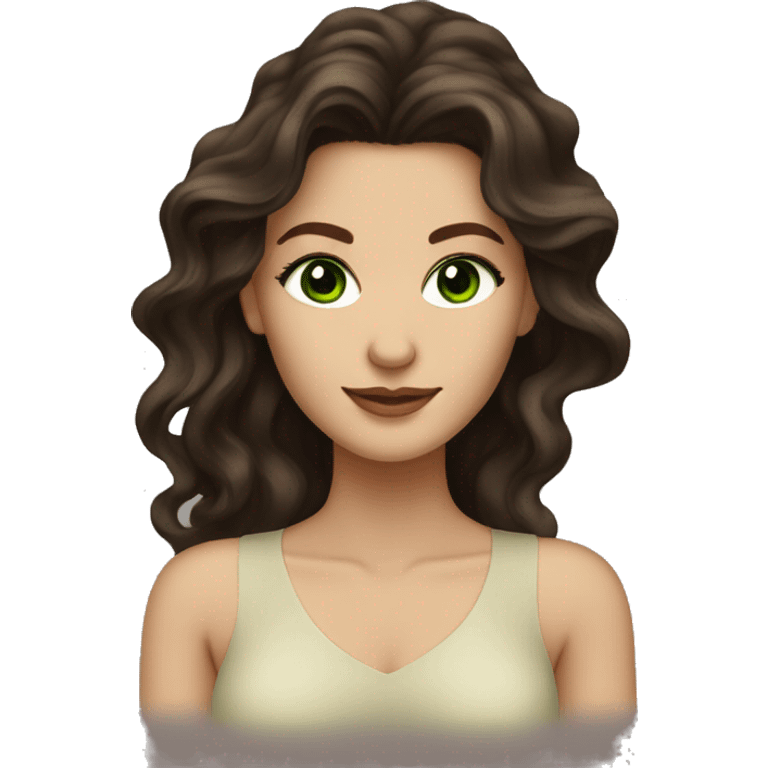 hot woman long dark brown wavy voluminous hair with green eyes beige skin emoji