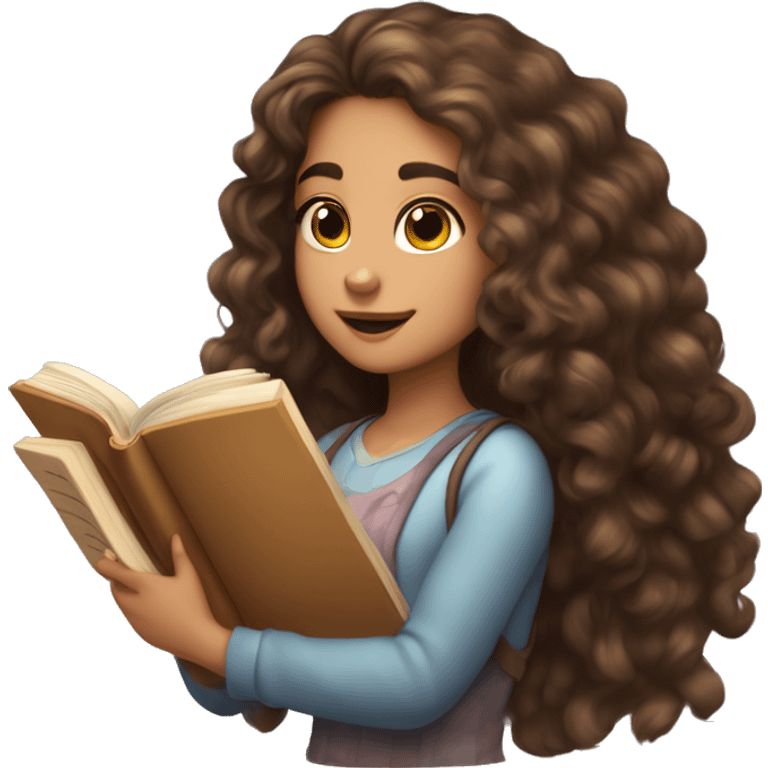 girl with long curly brown hair, fair skin, two moles on her right cheek, brown eyes, holds a book in her hands and reads emoji