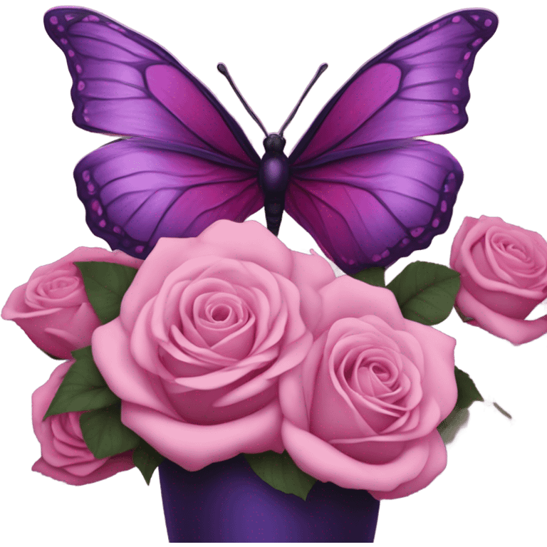 Aesthetic butterfly with purple and pink wings sitting on a dark purple bouquet of Roses in a pastel pink vase emoji