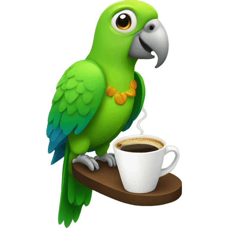 Green parrot with cup of coffee emoji