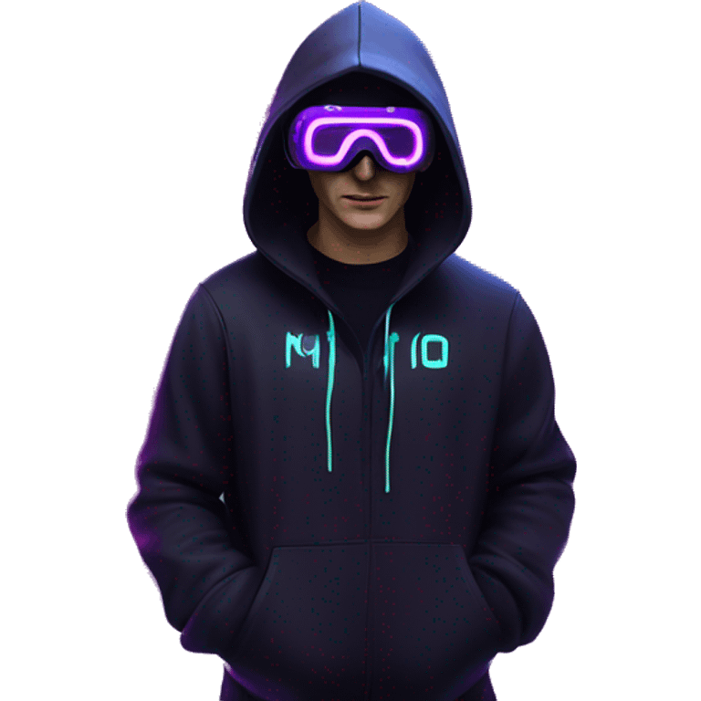 Russian man wearing a black hoodie with "OMG" letters on it and VR headset in a cyberpunk VR environment with violet neon lighting. emoji