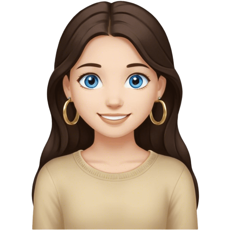 Girl with long dark brown hair and blue eyes with light medium skin and small gold hoops smiling  emoji