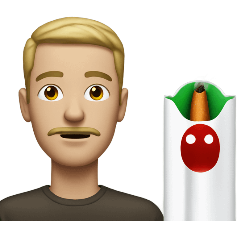 white man with red eyes due to a cold smoking a tan cigarette filled with green in his mouth emoji