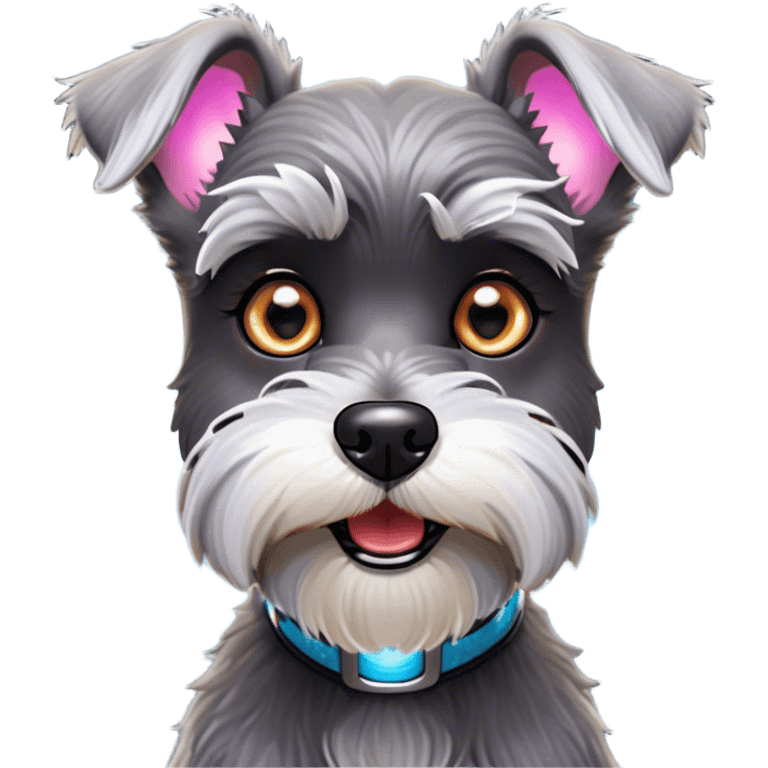 Cinematic Comical Miniature Schnauzer Portrait Emoji, Head tilted dramatically with a comically shocked expression and large, animated eyes, featuring a sharply defined salt-and-pepper fur with exaggerated, humorous eyebrows, simplified yet hilariously detailed, glowing with a bold, playful radiance, high shine, exuding a spirited and cheeky charm, styled with a soft glowing outline, capturing the essence of a Miniature Schnauzer that appears ready to dash into a burst of comic energy! emoji