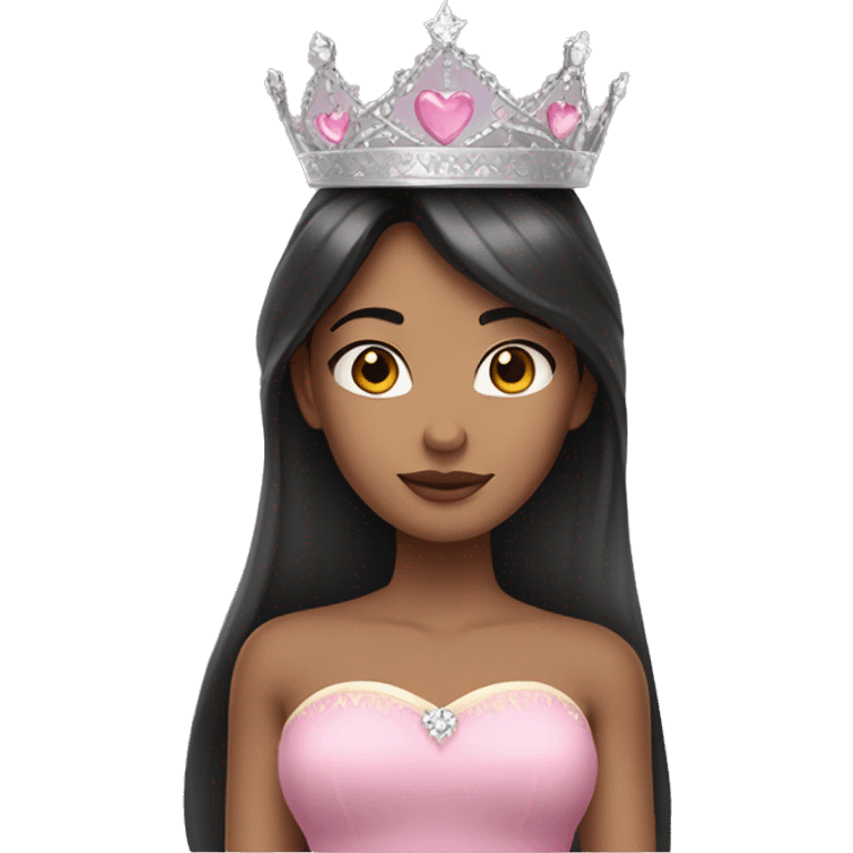 Princess with halo with tan skin tone with long black hair with bang with silver pink heart tiara and pink dress emoji