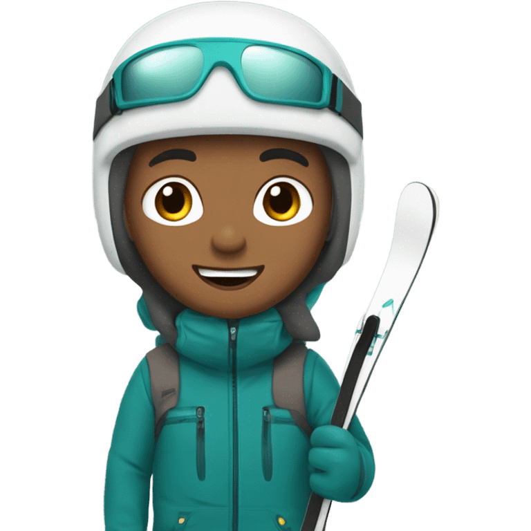 Tan white Boy with wavy brown hair skiing on teal skis. He is wearing a gray coat and black snow pants  emoji