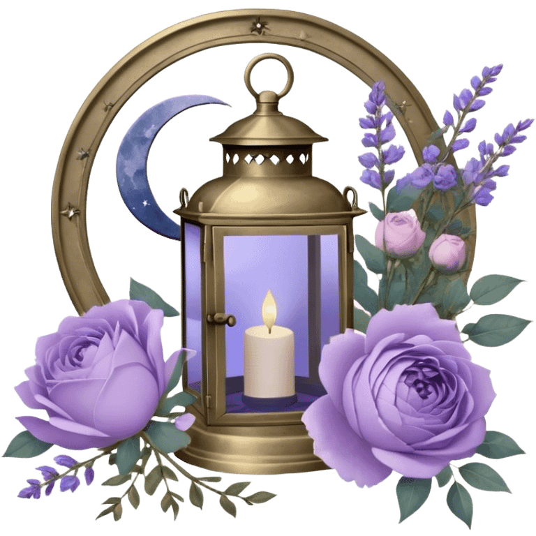 Under the soft light of a vintage brass lantern, a small bundle of lilac roses, indigo peonies, and delicate lavender sprigs is tied with a lace ribbon in a muted violet hue. Above, the sky is scattered with tiny silver stars, reflecting gently in the antique hand mirror with a moon-shaped handle beside the bouquet. emoji