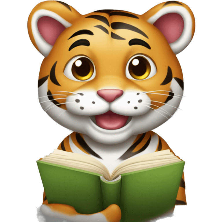 a cute tiger holding a book smiling and looking ready to study. Make the image high quality and clean emoji