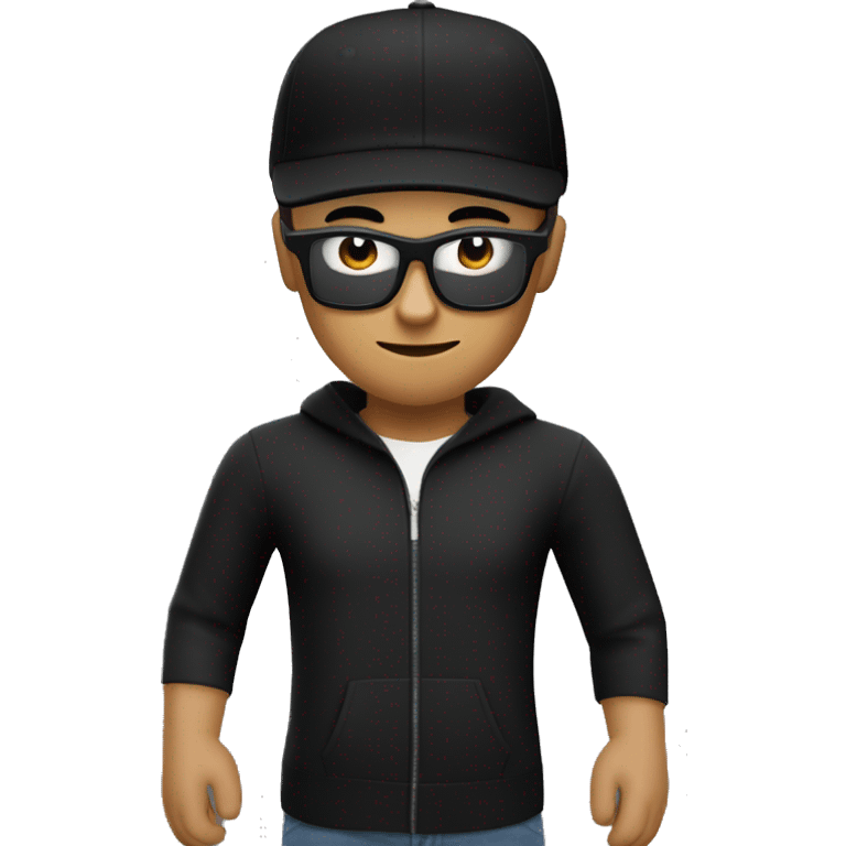 Boy with a Roblox studio dev huddie and black glasses and a black cap emoji