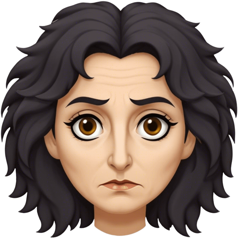 Mirri Maz Duur is a weathered, age 50 woman with deep-set dark eyes, high cheekbones, and a sharp nose, giving her a stern, knowing expression. Her long, unkempt dark frizzy hair  falls loosely over her shoulders emoji