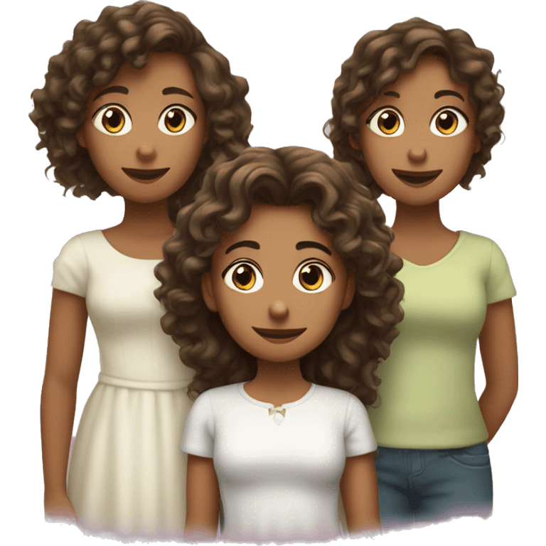 three sisters, the big one has long hair, the little one has curly hair, the middle child has a ponytale emoji