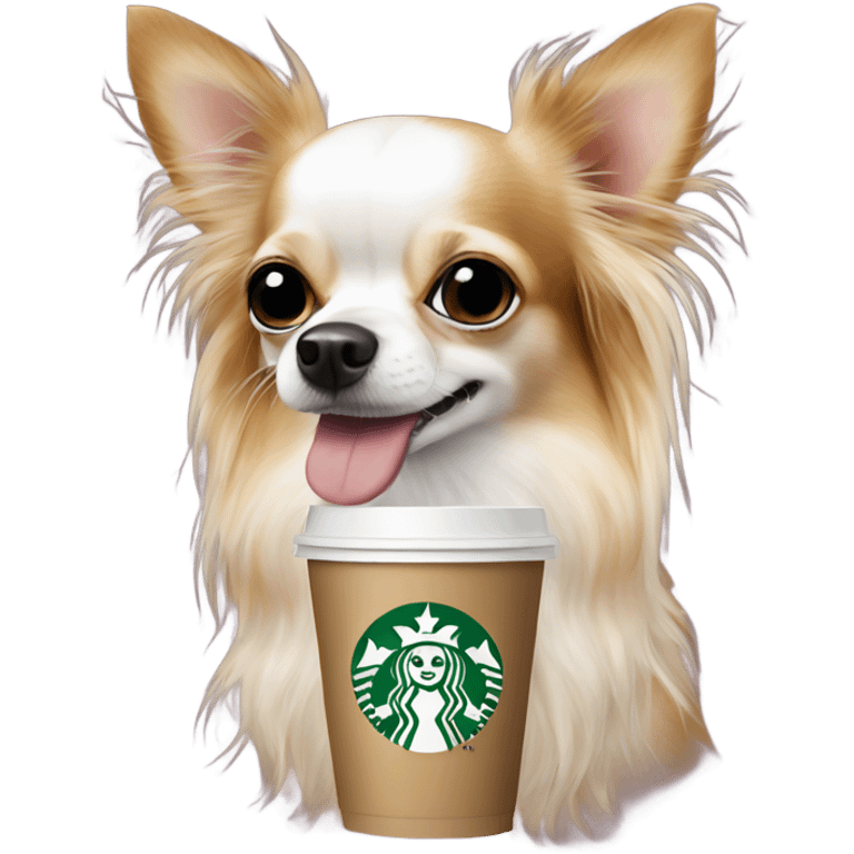 Spotted long hair chihuahua with Starbucks  emoji