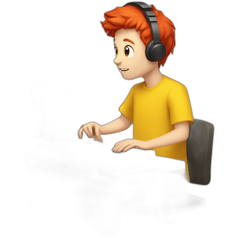 boy playing at console with red hair and a yellow shirt looking at a screen emoji