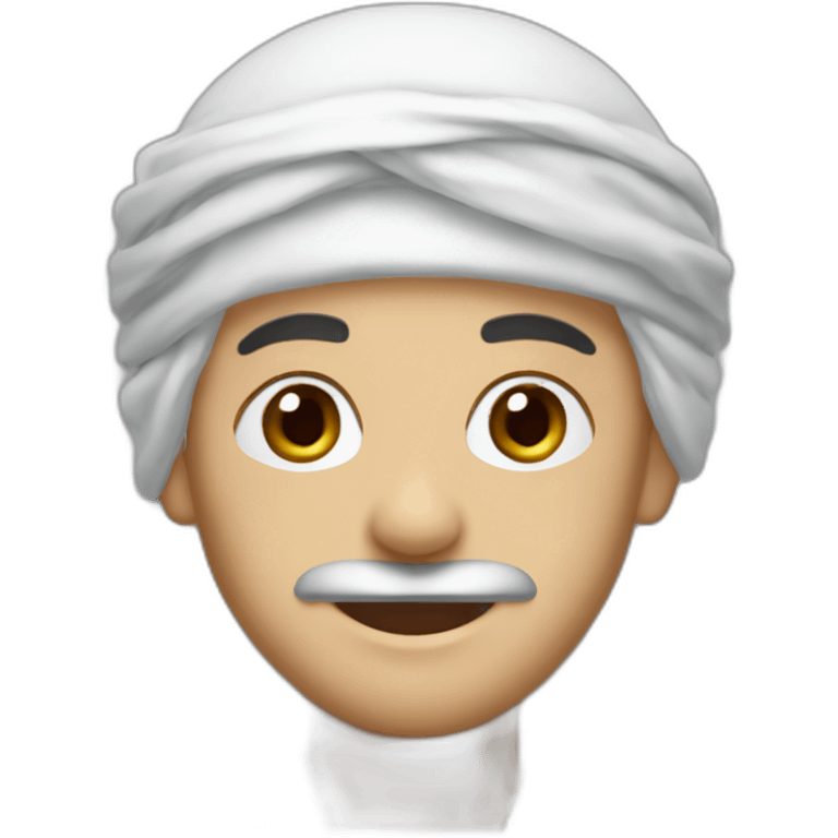 A person wearing only a shemagh, headband, and mustache, with dark brown eyes and white skin tone, smiling and cheerful emoji