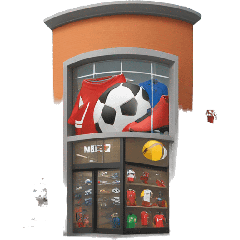 “Soccer store exterior with bold signage, large windows showcasing football gear, jerseys, and accessories, and a dynamic, athletic design reflecting the energy of the sport.” emoji