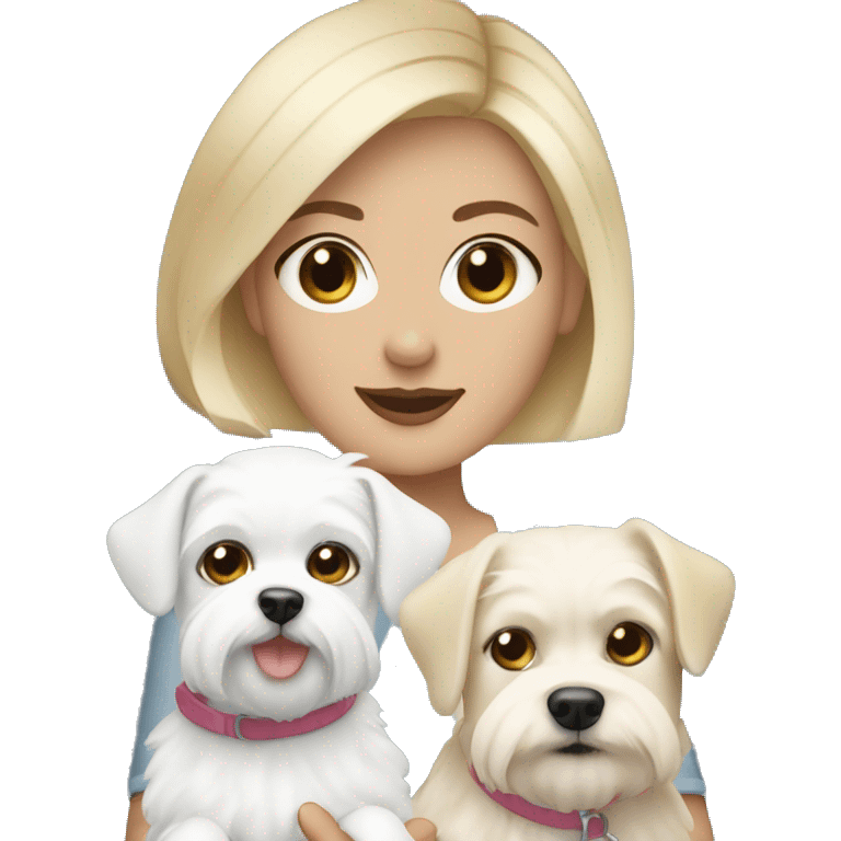 Blonde woman short hair with blue eyes holding two Maltese dogs emoji