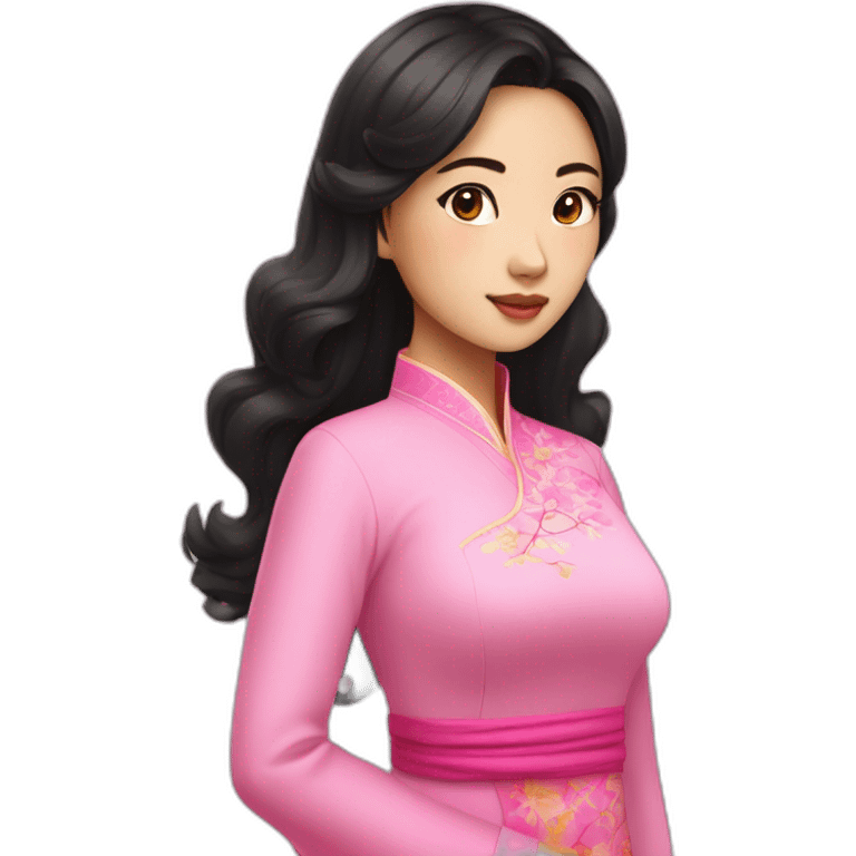 attractive asian girl with wavy black hair posing with pink ao dai full body emoji