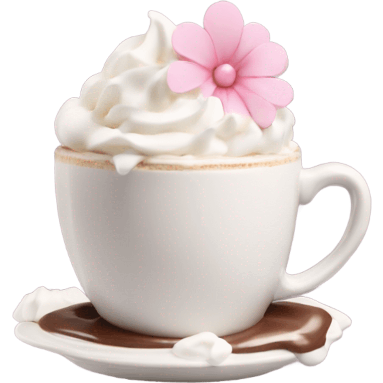 Hot chocolate with pale pink flower and whipped cream emoji