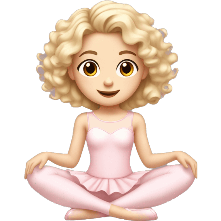 little girl with pale skin curly blonde hair and brown eyes wearing a light pink ballet outfit sitting on the floor emoji