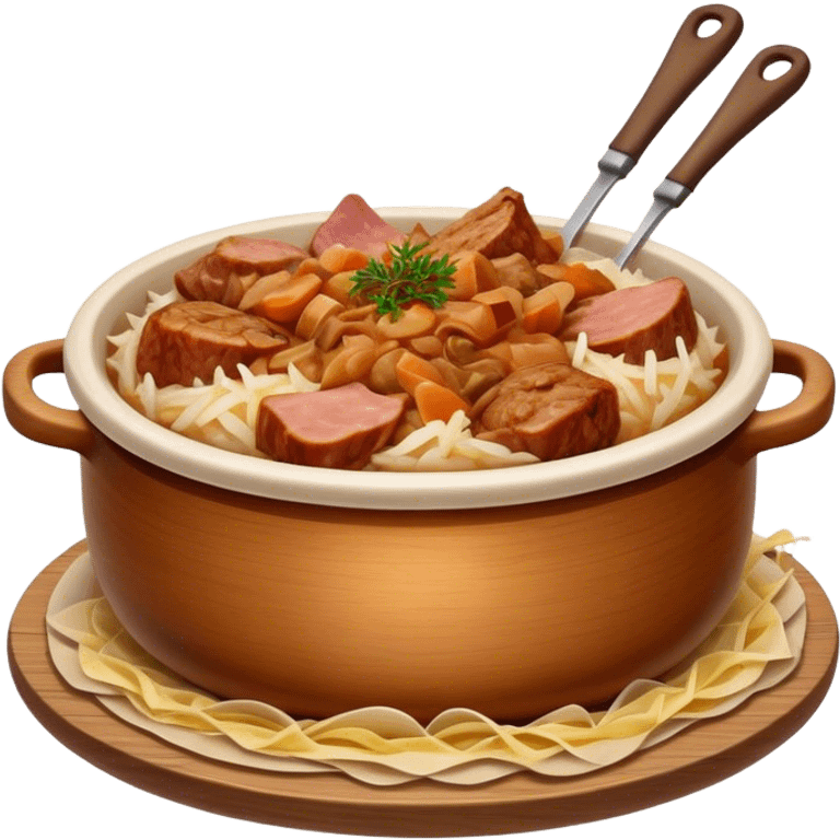 Cinematic Realistic Bigos Dish Emoji, showcasing a hearty stew of sauerkraut and meats rendered with rich textures and dynamic, rustic lighting. emoji