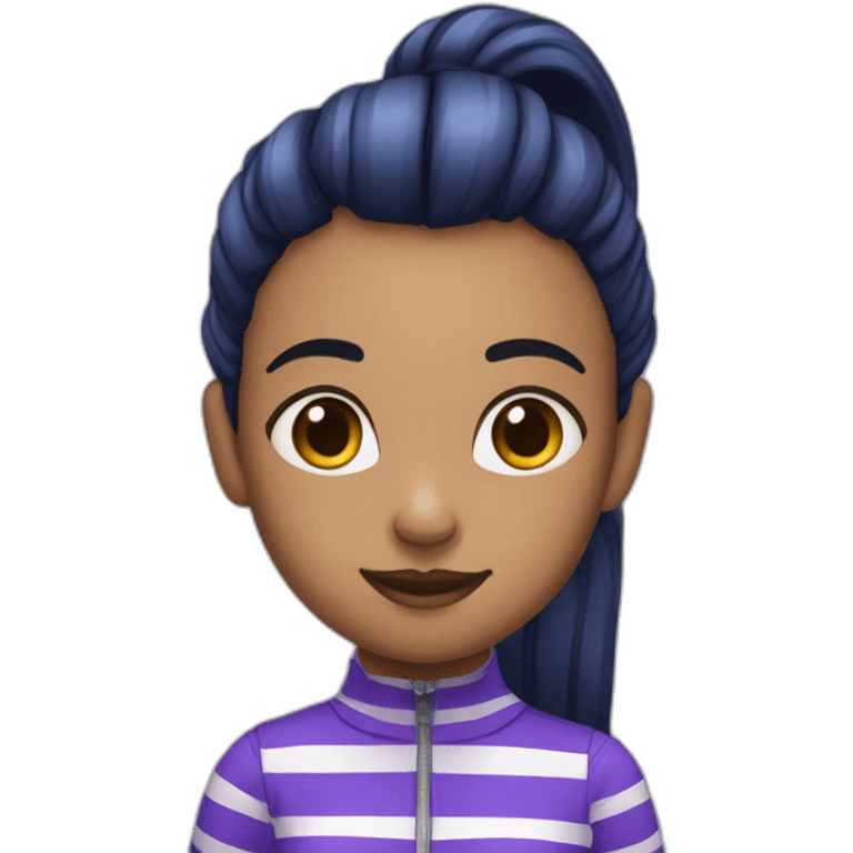 girl with one ponytail and a purple and white striped shirt and a dark blue flair pants emoji