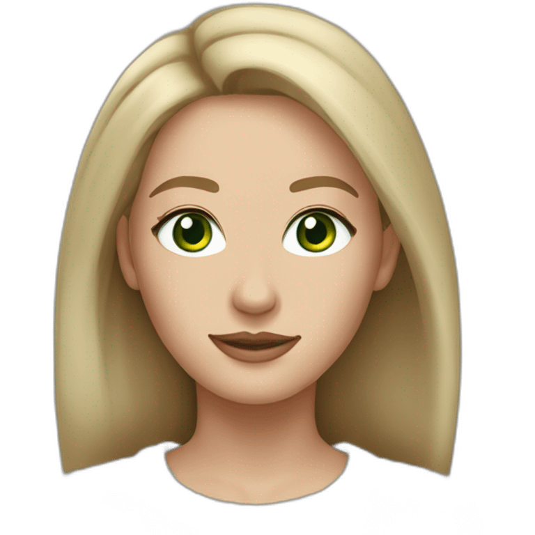 bronde woman with shoulderlenght hair, green eyes, long face, pale skin, silver earrings wearing a grey sweater emoji