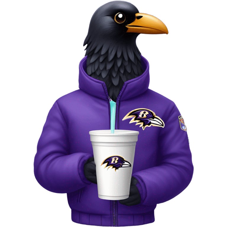 baltimore ravens logo raven in puffer jacket holding white styrofoam cup the cup is dripping purple juice the ravens wearing skinny jeans emoji