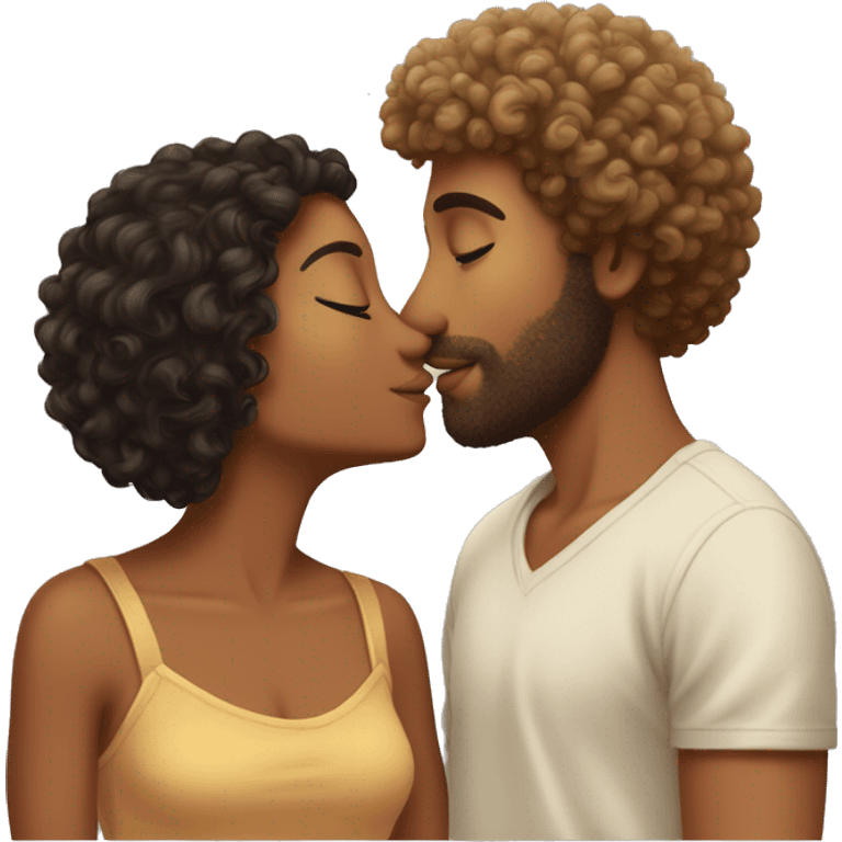 Tan guy with curly man bun giving curly fro tan girl a kiss emoji