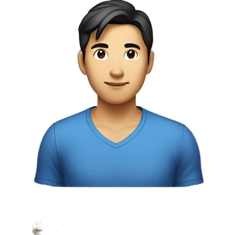 Asian man in blue shirt, dark medium length  hair, standing in a shipping box emoji