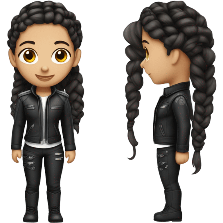 Small beautiful teenage girl with dark brown braided hair that fades to silver , wearing all black flight leathers emoji