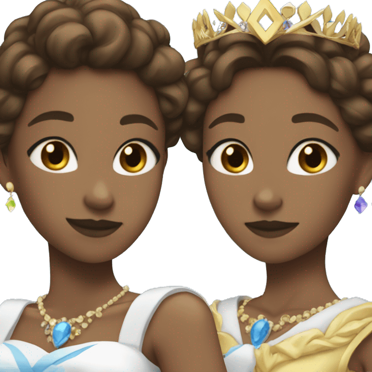 two lesbian queens in anime style with brown hair, one has black tiara and the other has blue tiara emoji