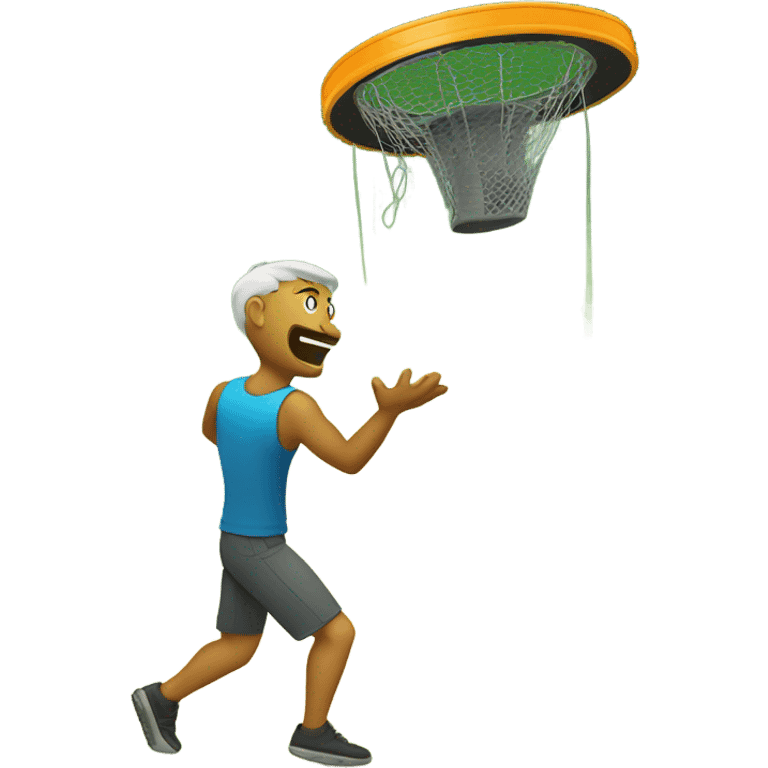 Man throwing disc golf at disc golf basket emoji