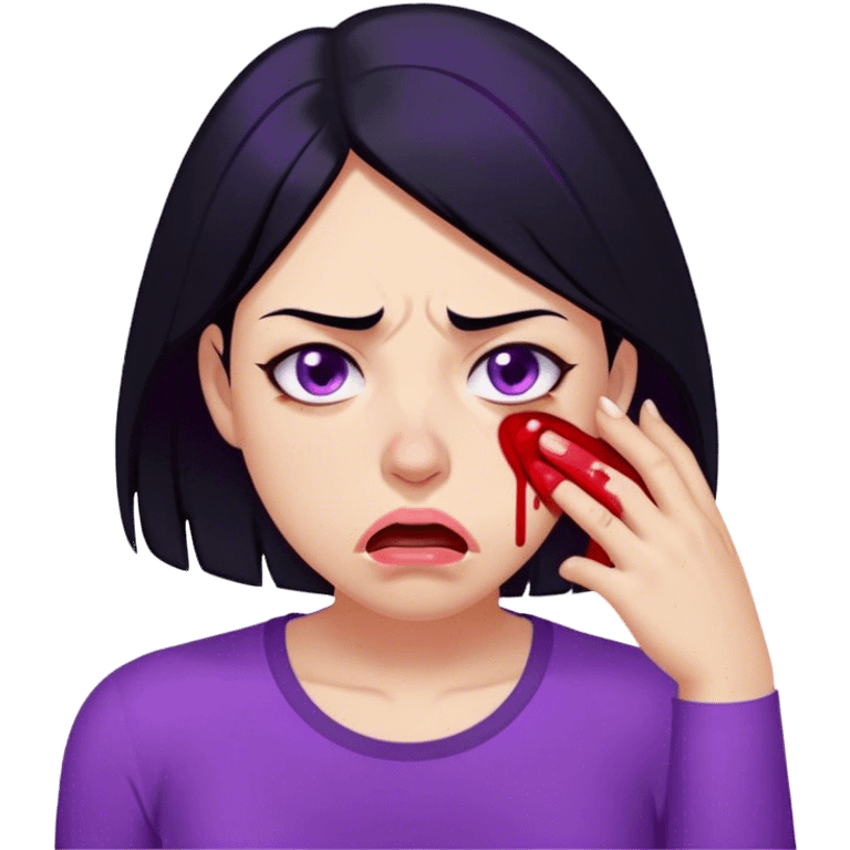 A cartoon-style digital illustration of a woman with shoulder-length black hair, wearing a purple shirt. She has an exhausted and dehydrated expression, with red, bloodshot eyes, a dry, sticking-out tongue, and a single sweat drop on her cheek. The character looks fatigued, as if suffering from heat exhaustion or dehydration. The background is plain white emoji